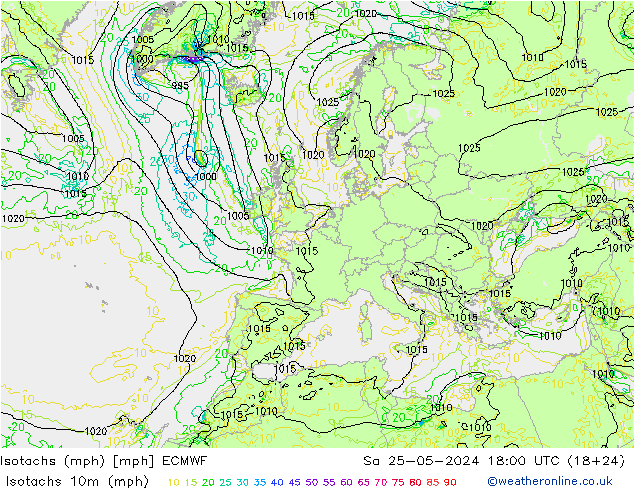 Isotachen (mph) ECMWF Sa 25.05.2024 18 UTC