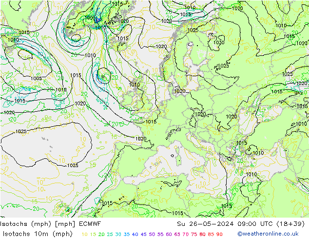 Isotachs (mph) ECMWF Su 26.05.2024 09 UTC