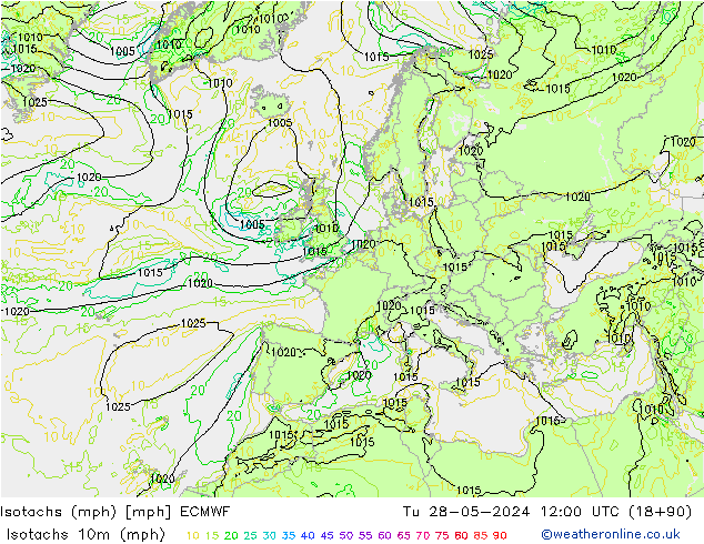 Isotachs (mph) ECMWF вт 28.05.2024 12 UTC