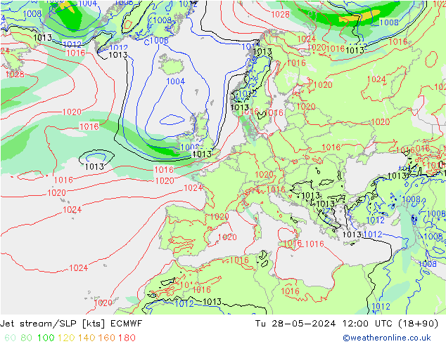 Jet stream/SLP ECMWF Tu 28.05.2024 12 UTC