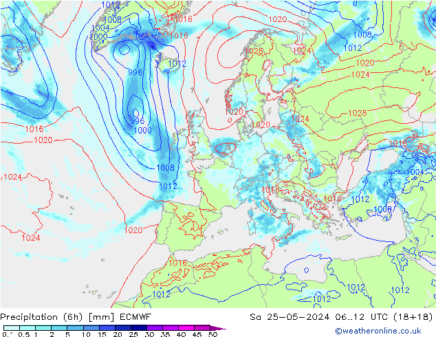 Totale neerslag (6h) ECMWF za 25.05.2024 12 UTC