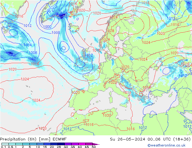 Z500/Rain (+SLP)/Z850 ECMWF Su 26.05.2024 06 UTC