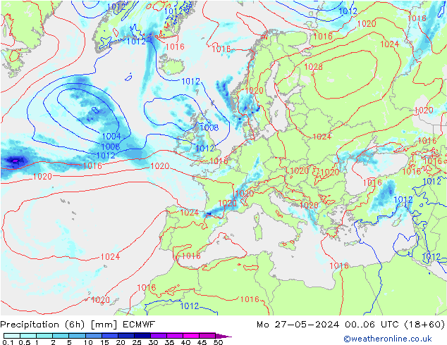 осадки (6h) ECMWF пн 27.05.2024 06 UTC