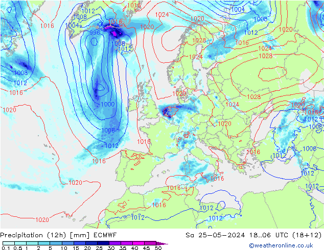 Totale neerslag (12h) ECMWF za 25.05.2024 06 UTC