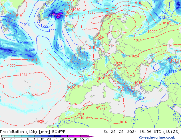 Nied. akkumuliert (12Std) ECMWF So 26.05.2024 06 UTC