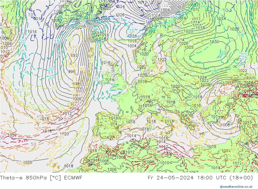 Theta-e 850hPa ECMWF vie 24.05.2024 18 UTC