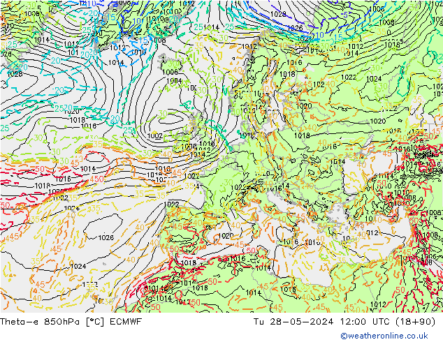 Theta-e 850hPa ECMWF Ter 28.05.2024 12 UTC