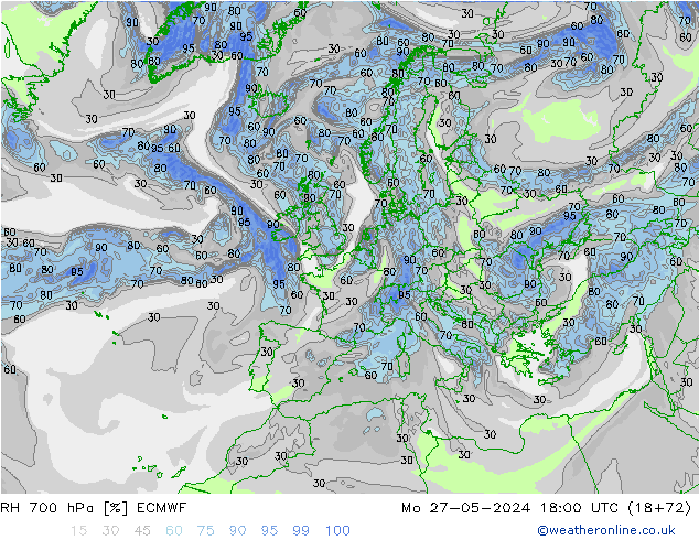 RH 700 hPa ECMWF Mo 27.05.2024 18 UTC