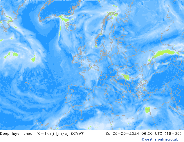 Deep layer shear (0-1km) ECMWF nie. 26.05.2024 06 UTC