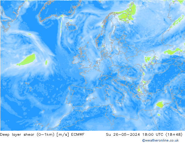 Deep layer shear (0-1km) ECMWF Paz 26.05.2024 18 UTC