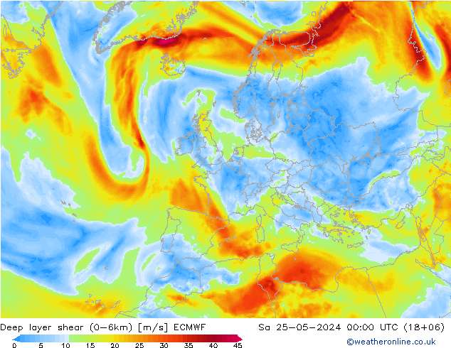 Deep layer shear (0-6km) ECMWF Sa 25.05.2024 00 UTC