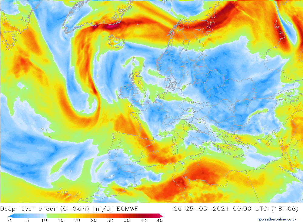 Deep layer shear (0-6km) ECMWF Sa 25.05.2024 00 UTC