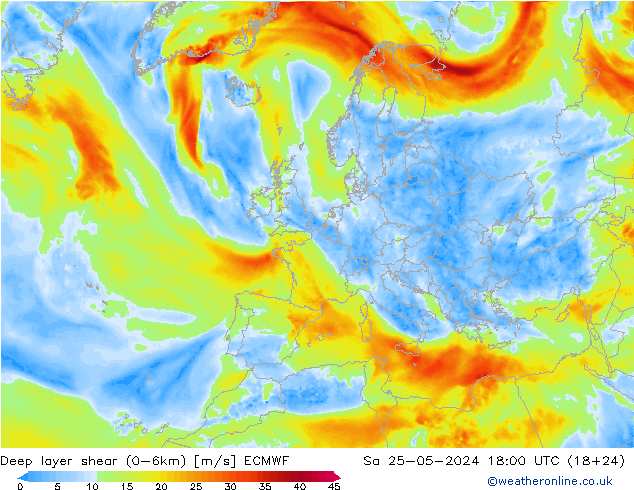 Deep layer shear (0-6km) ECMWF Sa 25.05.2024 18 UTC