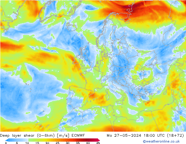 Deep layer shear (0-6km) ECMWF Mo 27.05.2024 18 UTC