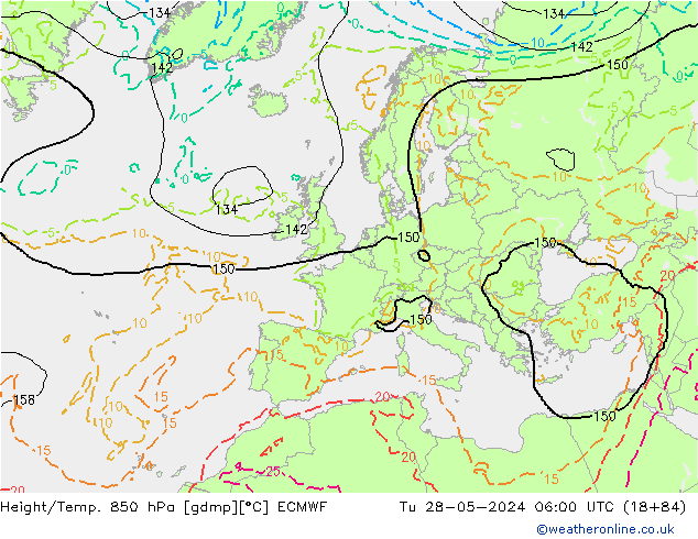 Geop./Temp. 850 hPa ECMWF mar 28.05.2024 06 UTC