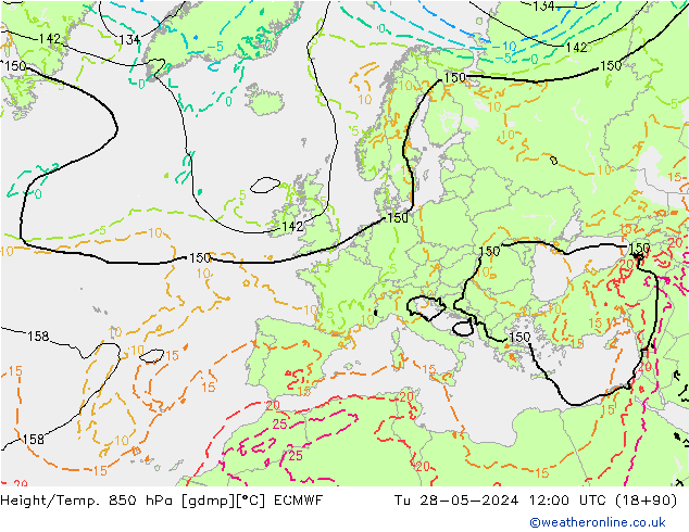 Height/Temp. 850 hPa ECMWF Út 28.05.2024 12 UTC