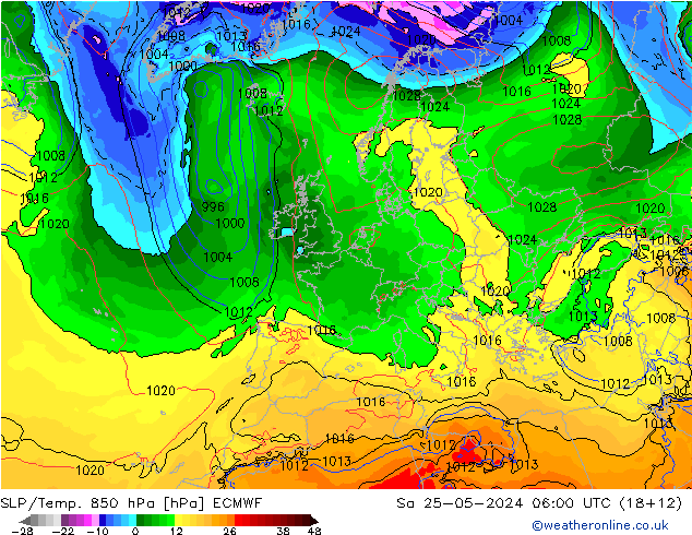 SLP/Temp. 850 hPa ECMWF Sa 25.05.2024 06 UTC