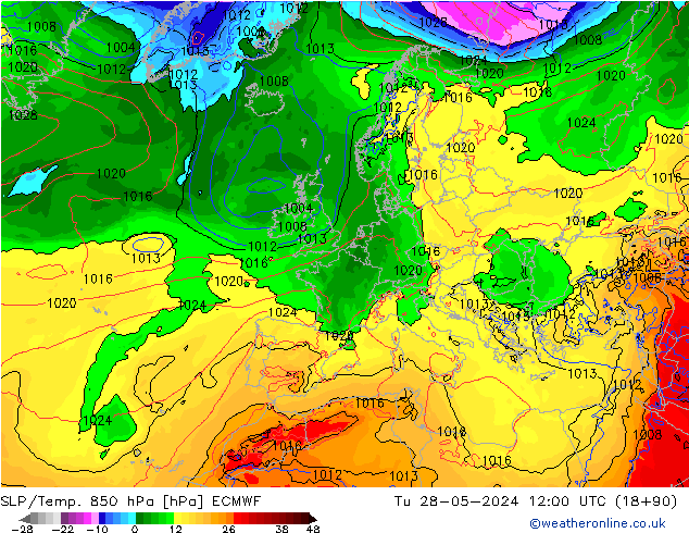 SLP/Temp. 850 hPa ECMWF Tu 28.05.2024 12 UTC