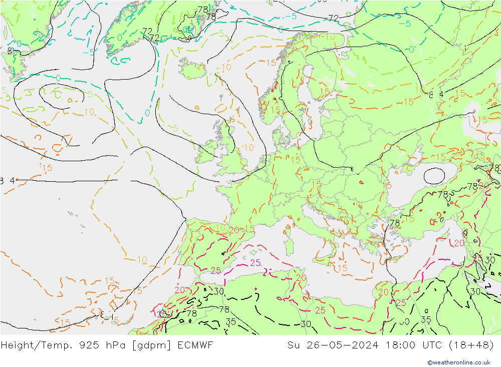 Height/Temp. 925 hPa ECMWF Su 26.05.2024 18 UTC