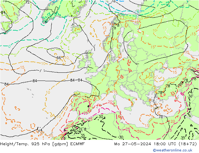 Height/Temp. 925 hPa ECMWF Mo 27.05.2024 18 UTC