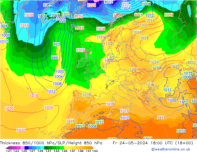 Espesor 850-1000 hPa ECMWF vie 24.05.2024 18 UTC