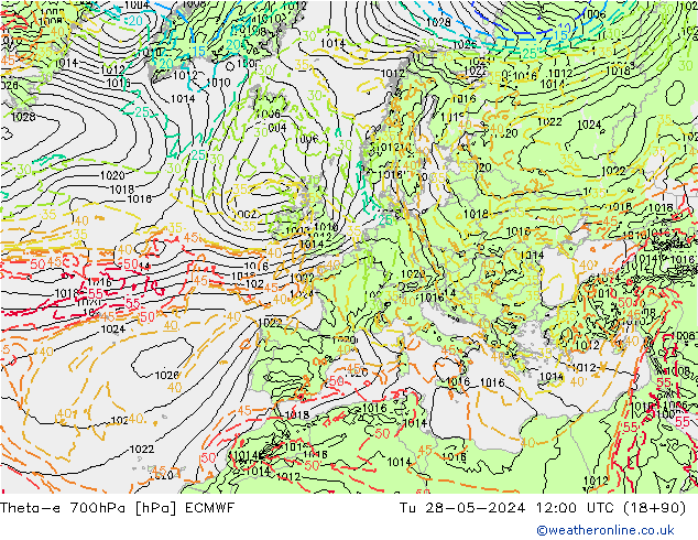 Theta-e 700hPa ECMWF Di 28.05.2024 12 UTC