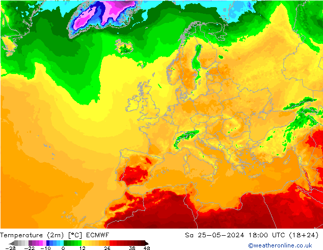 Temperatura (2m) ECMWF sab 25.05.2024 18 UTC