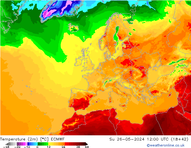 Temperatura (2m) ECMWF dom 26.05.2024 12 UTC