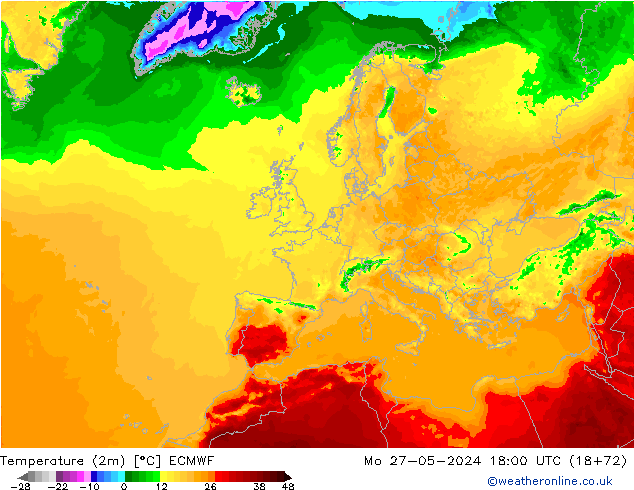 Temperature (2m) ECMWF Mo 27.05.2024 18 UTC