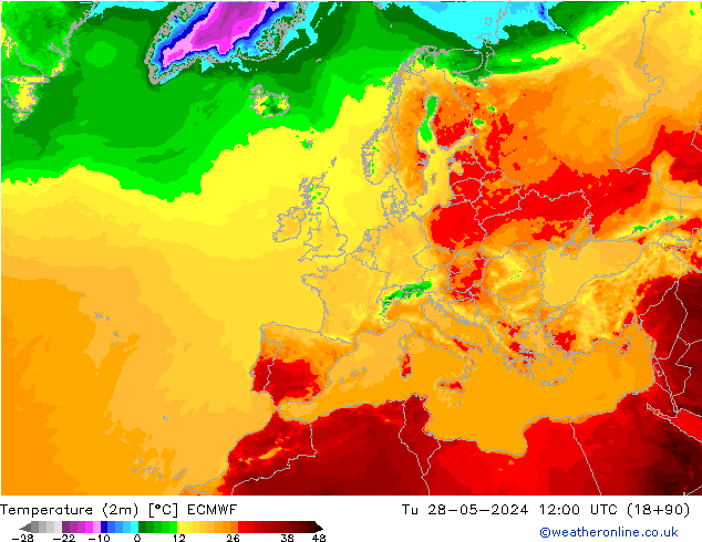 Temperatura (2m) ECMWF Ter 28.05.2024 12 UTC