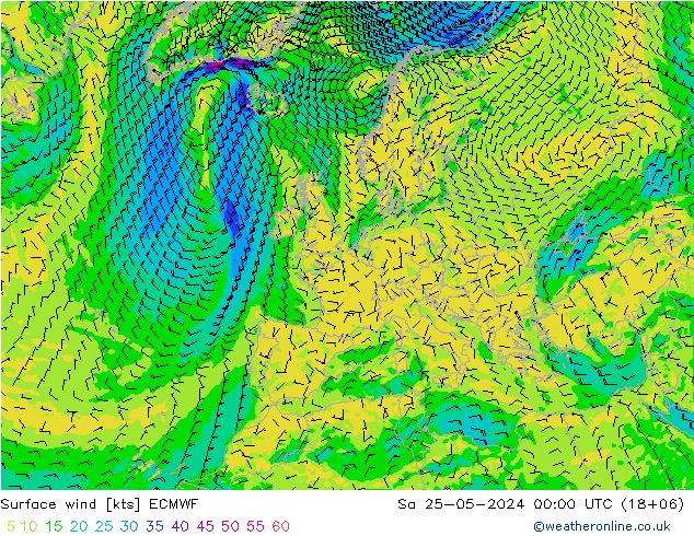 wiatr 10 m ECMWF so. 25.05.2024 00 UTC