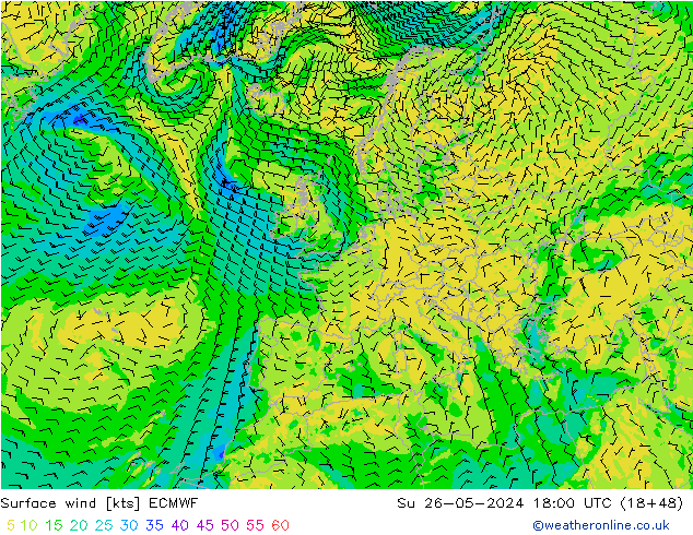 Rüzgar 10 m ECMWF Paz 26.05.2024 18 UTC