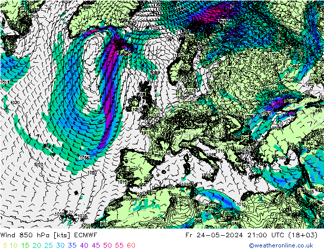 wiatr 850 hPa ECMWF pt. 24.05.2024 21 UTC