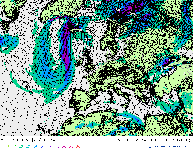 Wind 850 hPa ECMWF So 25.05.2024 00 UTC