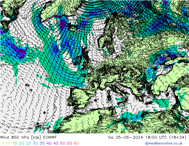 Vento 850 hPa ECMWF Sáb 25.05.2024 18 UTC