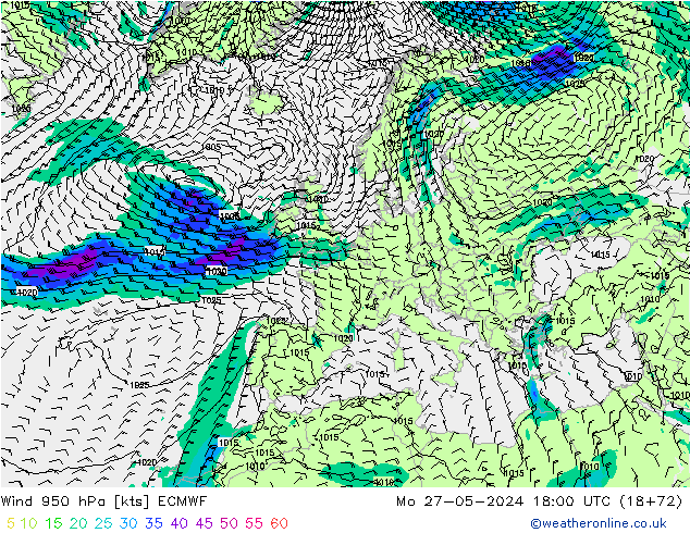 Wind 950 hPa ECMWF Mo 27.05.2024 18 UTC