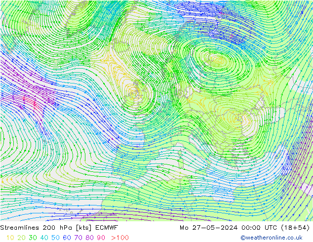 Streamlines 200 hPa ECMWF Po 27.05.2024 00 UTC