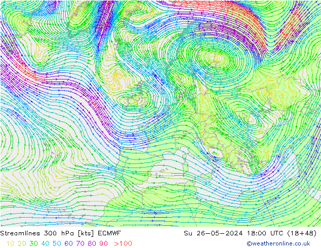 Stromlinien 300 hPa ECMWF So 26.05.2024 18 UTC