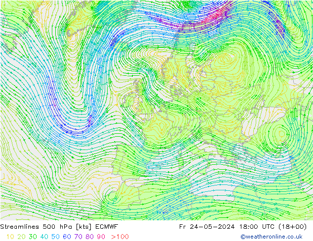 Stroomlijn 500 hPa ECMWF vr 24.05.2024 18 UTC