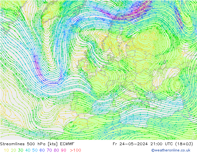 ветер 500 гПа ECMWF пт 24.05.2024 21 UTC