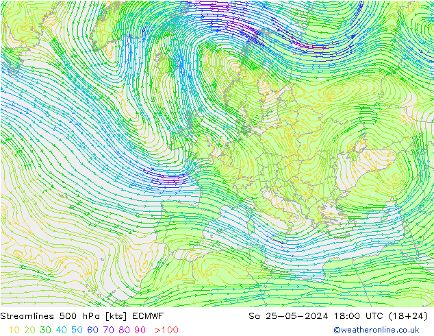 Linea di flusso 500 hPa ECMWF sab 25.05.2024 18 UTC