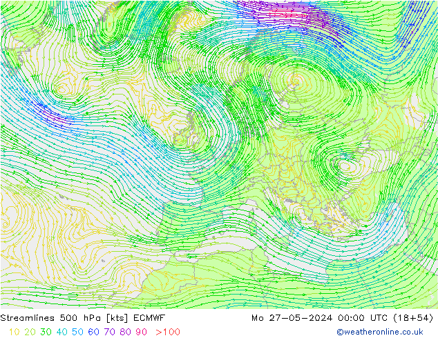 Streamlines 500 hPa ECMWF Po 27.05.2024 00 UTC