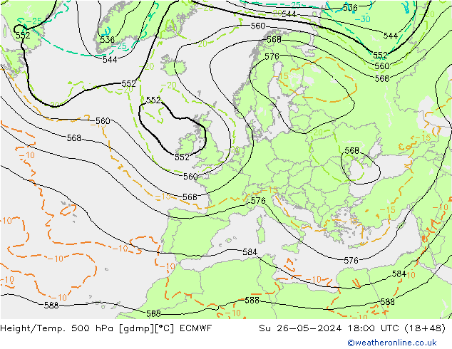 Z500/Yağmur (+YB)/Z850 ECMWF Paz 26.05.2024 18 UTC