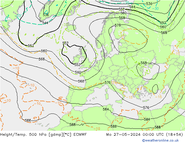 Z500/Rain (+SLP)/Z850 ECMWF Mo 27.05.2024 00 UTC