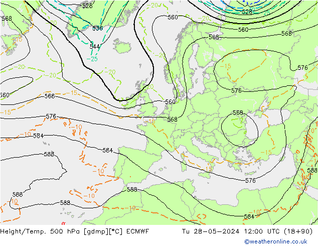 Hoogte/Temp. 500 hPa ECMWF di 28.05.2024 12 UTC