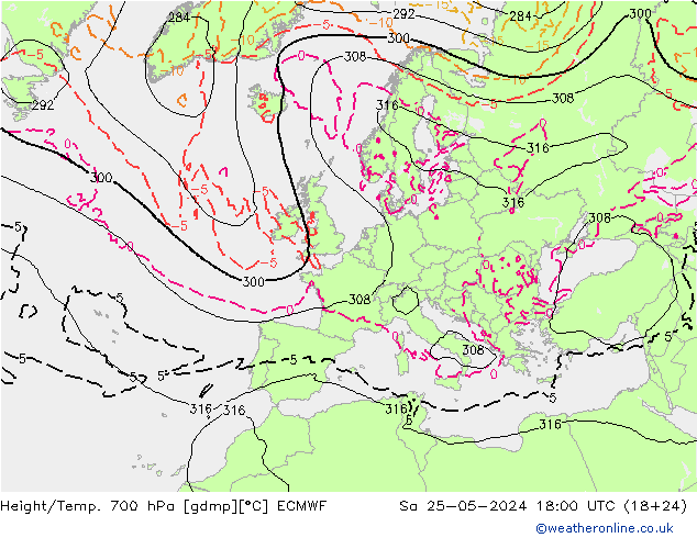 Height/Temp. 700 hPa ECMWF Sa 25.05.2024 18 UTC