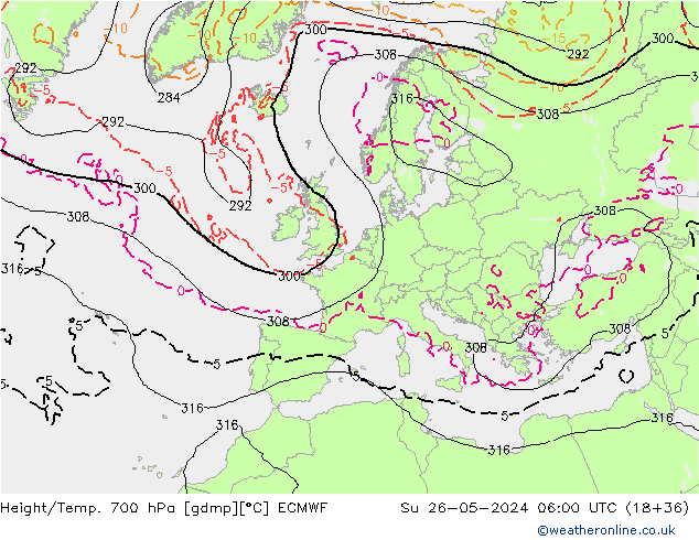 Hoogte/Temp. 700 hPa ECMWF zo 26.05.2024 06 UTC