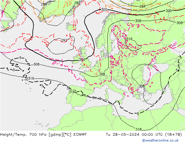 Height/Temp. 700 hPa ECMWF Út 28.05.2024 00 UTC