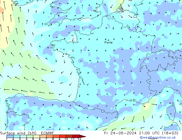 Vent 10 m (bft) ECMWF ven 24.05.2024 21 UTC