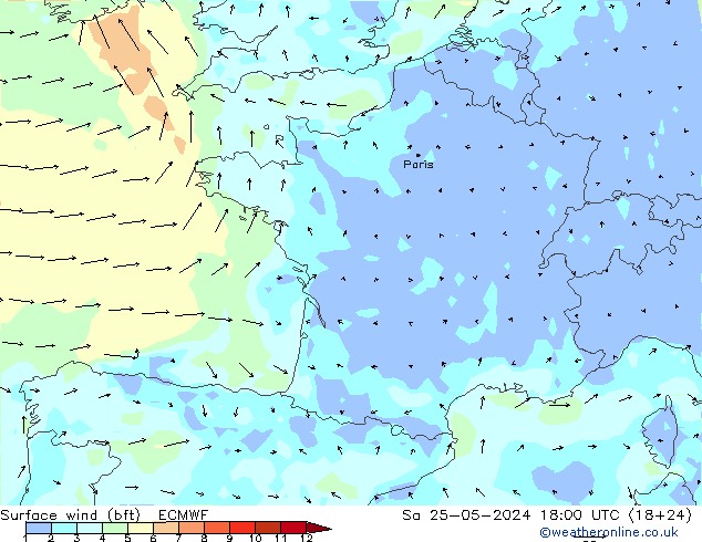 Vento 10 m (bft) ECMWF Sáb 25.05.2024 18 UTC